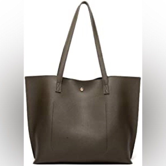 DARK GREEN SOFT FAUX LEATHER TOTE SHOULDER BAG - Picture 3 of 5